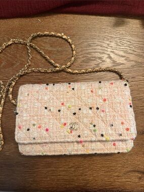 CHANEL Pink Tweed Chain Crossbody with Multicolor Speckle